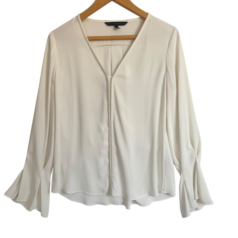 White House Black Market Ivory V-Neck Split Bell Sleeve Blouse Womens‎ Small